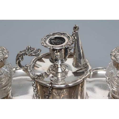 185 - A WILLIAM IV SILVER DESK STANDISH, maker's mark JA*IA, London 1831, of lobed oblong form with cast a... 