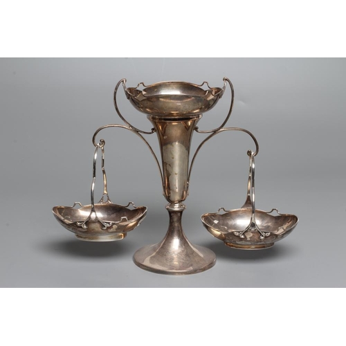 186 - AN EDWARDIAN SILVER SMALL EPERGNE, maker Walker and Hall, Sheffield 1910, the central trumpet vase w... 