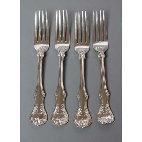 195 - A SET OF FOUR VICTORIAN SILVER TABLE FORKS, maker George Aldwinkle, London 1856, in double struck Vi... 