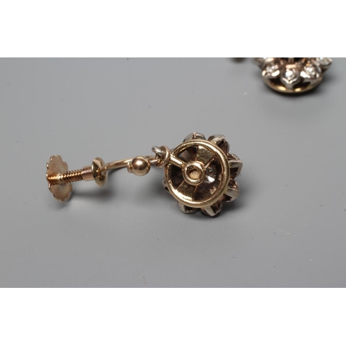 307 - A PAIR OF DIAMOND CLUSTER DROP EARRINGS, the central stone within a border of eight small stones, al... 