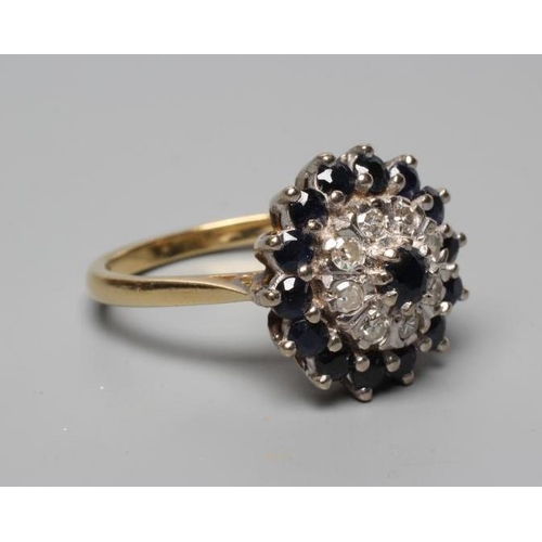 309 - A SAPPHIRE AND DIAMOND CLUSTER RING, the central sapphire within a double border of eight small diam... 