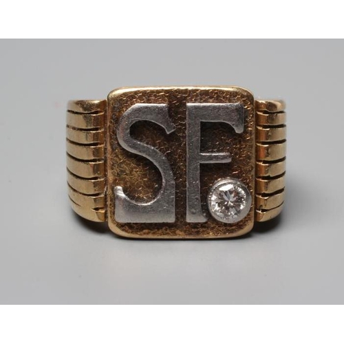 310 - A GENTLEMAN'S DIAMOND SIGNET RING, the matt square panel applied with white metal intials SF with a ... 