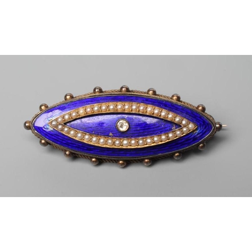 381 - A VICTORIAN MOURNING BROOCH of eliptical form, centred by an old cut diamond to a blue guilloche ena... 