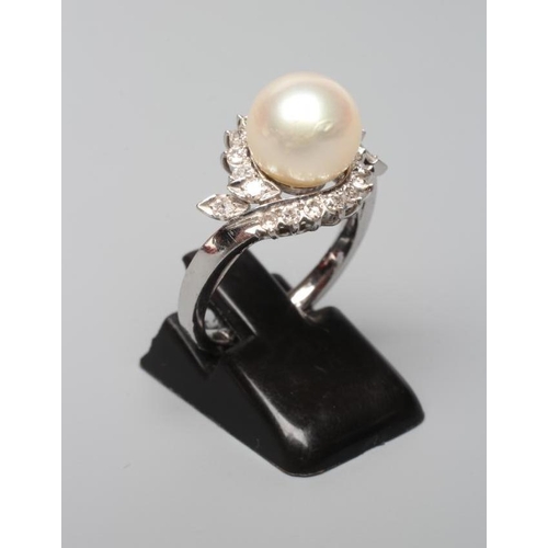 384 - A PEARL AND DIAMOND COCKTAIL RING, the cultured pearl set to a swirl border of small diamonds to a w... 