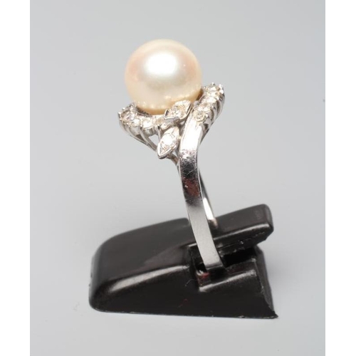 384 - A PEARL AND DIAMOND COCKTAIL RING, the cultured pearl set to a swirl border of small diamonds to a w... 