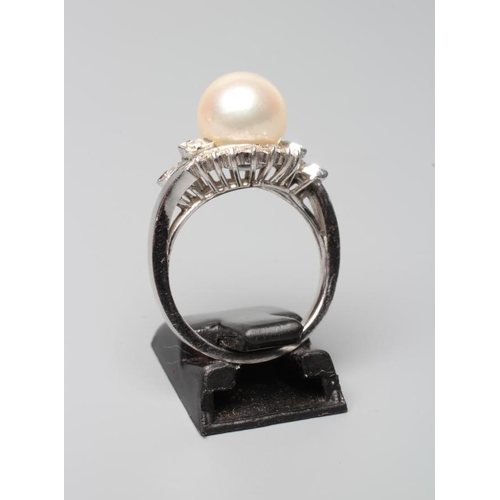 384 - A PEARL AND DIAMOND COCKTAIL RING, the cultured pearl set to a swirl border of small diamonds to a w... 