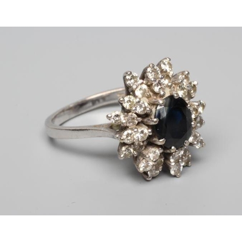 390 - A SAPPHIRE AND DIAMOND CLUSTER RING, the oval facet cut sapphire claw set to a border of sixteen pai... 