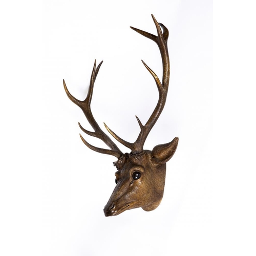 541 - A BLACK FOREST STAG HEAD, 19th century, with carved wood head, painted eyes and real red deer antler... 