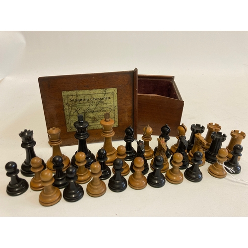 561 - A JAQUES BOX AND EBONY STAUNTON PATTERN CHESS SET, black king stamped in red with maker's name, one ... 