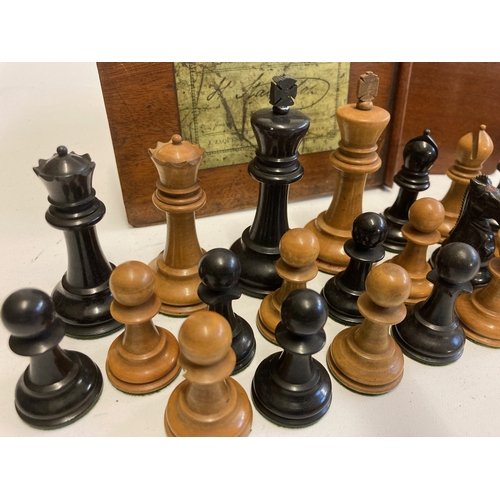 561 - A JAQUES BOX AND EBONY STAUNTON PATTERN CHESS SET, black king stamped in red with maker's name, one ... 