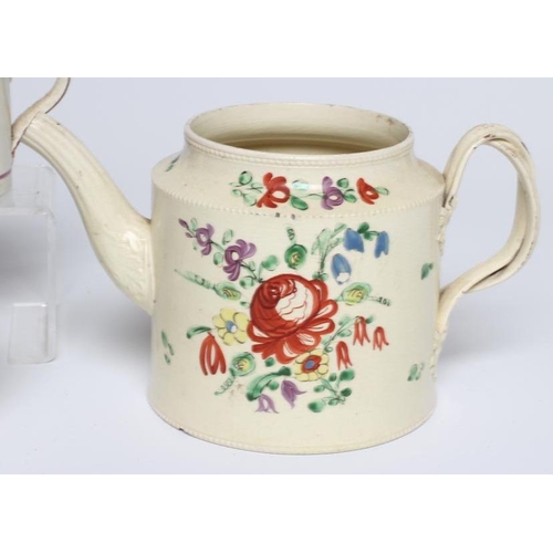 45 - A DERBYSHIRE (MELBOURNE) CREAMWARE TEAPOT, c.1770, of plain cylindrical form with ribbed double entw... 