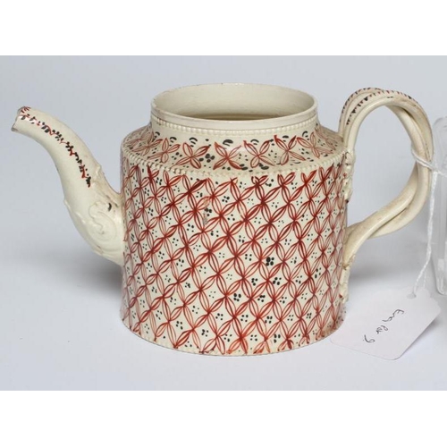 45 - A DERBYSHIRE (MELBOURNE) CREAMWARE TEAPOT, c.1770, of plain cylindrical form with ribbed double entw... 