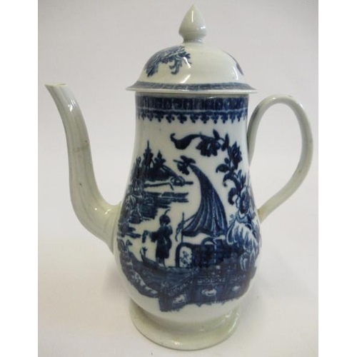 55 - A PENNINGTON'S PORCELAIN COFFEE POT AND COVER, c.1770's, of baluster form, painted in underglaze blu... 