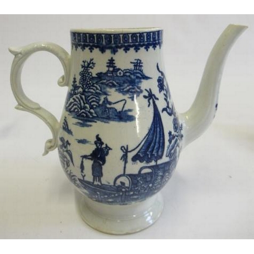 55 - A PENNINGTON'S PORCELAIN COFFEE POT AND COVER, c.1770's, of baluster form, painted in underglaze blu... 