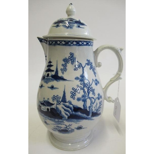 55 - A PENNINGTON'S PORCELAIN COFFEE POT AND COVER, c.1770's, of baluster form, painted in underglaze blu... 