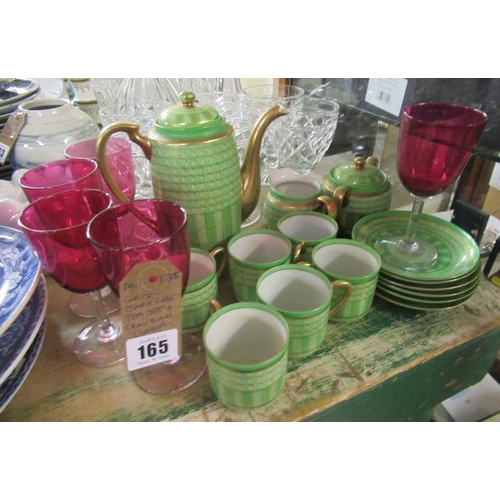 165 - JAPANESE GREEN TEASET AND CRANBERRY GLASSES