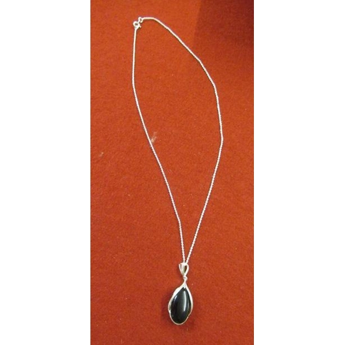 221 - SILVER AND JET PENDANT ON SILVER CHAIN