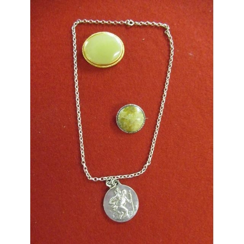 255 - SILVER PENDANT ON CHAIN AND TWO SILVER BROOCHES