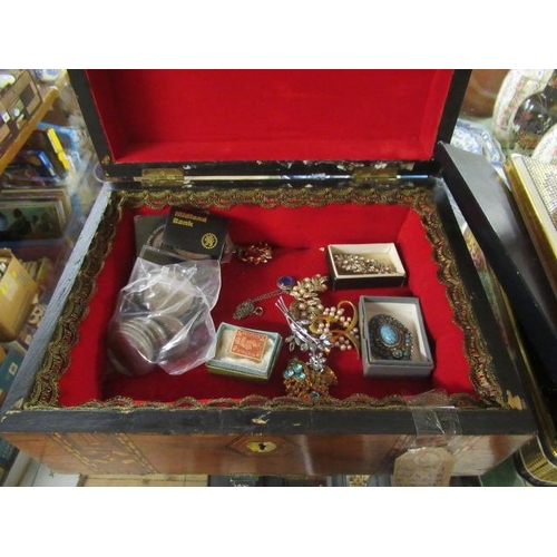 258 - INLAID BOX OF COSTUME JEWELLERY AND COINS ETC