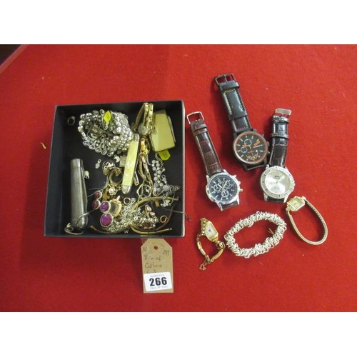 266 - BOX OF COSTUME JEWELLERY AND WATCHES ETC