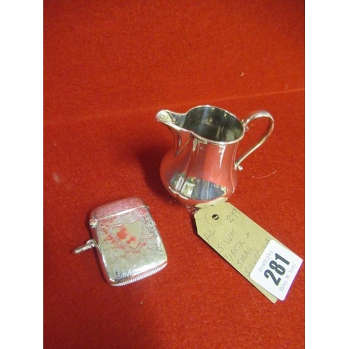 281 - SILVER VESTA CASE AND SMALL SILVER CREAM JUG