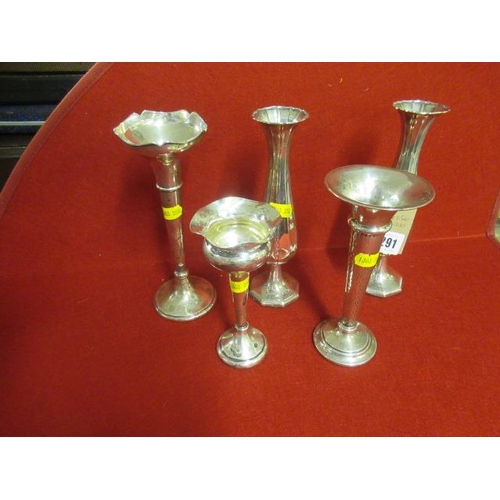 291 - FIVE SILVER POSY VASES