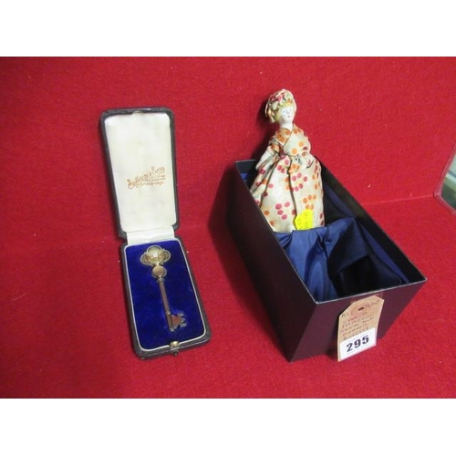 295 - CASED FATTORINI SILVER AND ENAMEL CEREMONIAL BINGLEY KEY AND TINY DOLL