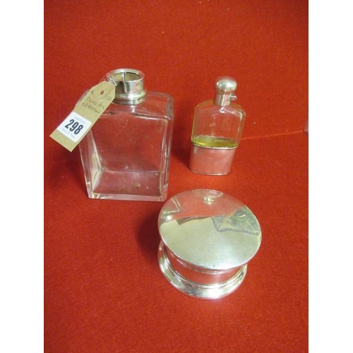 298 - SILVER BOX SILVER COLLARED BOTTLE AND A SILVER CASED HIP FLASK