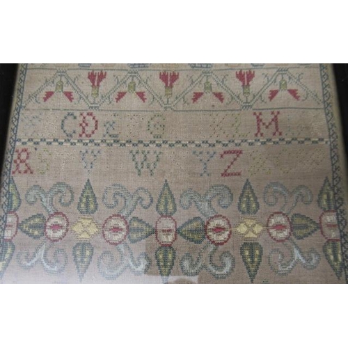 562 - A GEORGE II LONG SAMPLER,1743, worked in coloured silks on a fine linen ground in full, half and oth... 