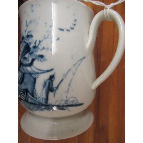 64 - A JAMES PENNINGTON PORCELAIN SMALL MUG, 1763-71, painted in underglaze blue with a fisherman standin... 