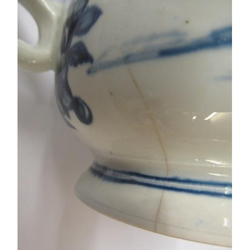 63 - A VAUXHALL PORCELAIN MUG, 1755-60, of baluster form painted in underglaze blue with a small child st... 