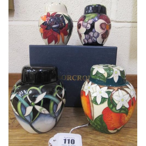 110 - A COLLECTION OF FOUR MOORCROFT POTTERY GINGER JARS AND COVERS, comprising Orange and Blossom, 2011, ... 