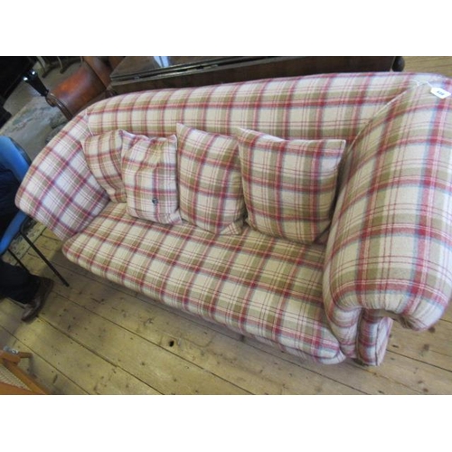 830 - A VICTORIAN WALNUT FRAMED CHESTERFIELD SOFA, upholstered in wool tartan, raised on turned legs with ... 