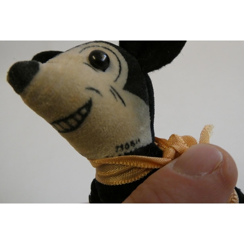 140 - Deans felt Mickey Mouse, with shoe button eyes, registration number to neck, red shorts and yellow s... 