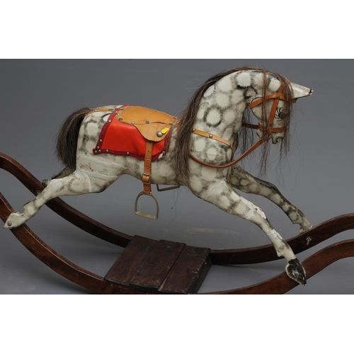 150 - Vintage rocking horse, wooden body, glass eyes, dappled grey paint, horse hair mane and tail, leathe... 