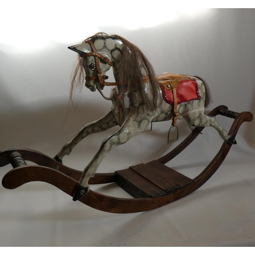 150 - Vintage rocking horse, wooden body, glass eyes, dappled grey paint, horse hair mane and tail, leathe... 