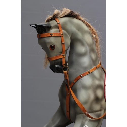 154 - Rocking horse, 20th century, of carved wood construction, painted in dappled grey, with horse hair m... 