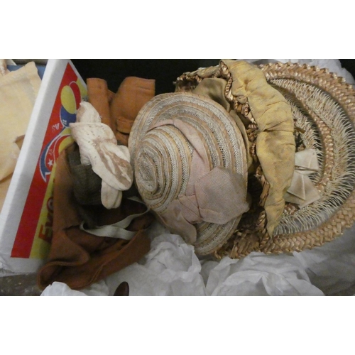 17 - Box of good quality antique dolls clothes and accessories, including shoes and hats