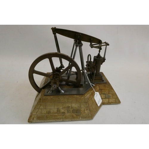 374 - An unusual beam engine model with A frame beam and flywheel bearing support, brass and steel const... 