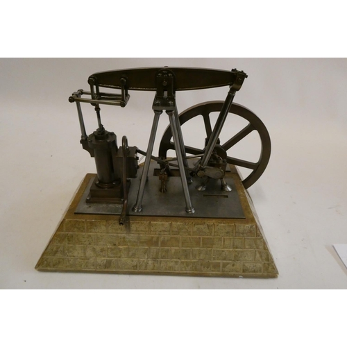 374 - An unusual beam engine model with A frame beam and flywheel bearing support, brass and steel const... 