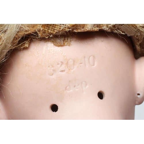 4 - A bisque socket head doll, c.1900, with brown glass sleeping eyes, open mouth, teeth, pierced ears, ... 