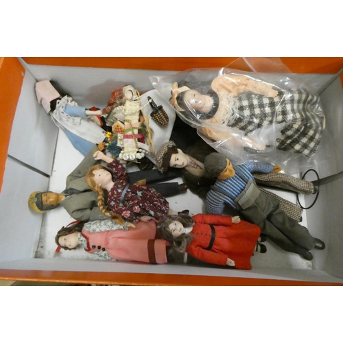 53 - A quantity of dolls house dolls and accessories etc, including 9 dolls, a monkey, travelling organ, ... 