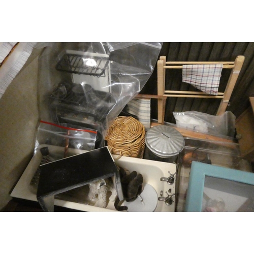 54 - A quantity of dolls house accessories, including wood furniture and a miniature boxed metal train se... 