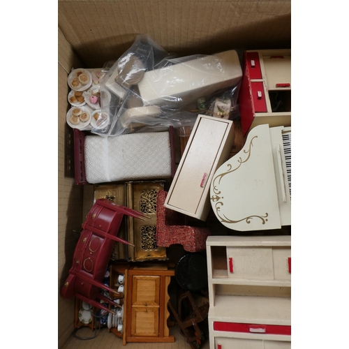 72 - Two boxes of dolls house furniture and accessories, including wood, metal and textile items