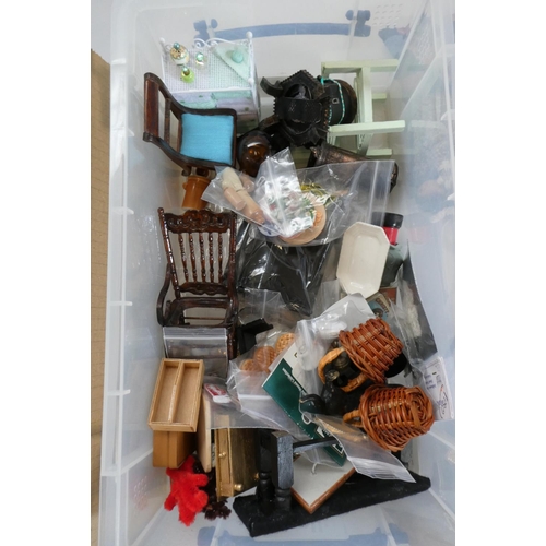 72 - Two boxes of dolls house furniture and accessories, including wood, metal and textile items