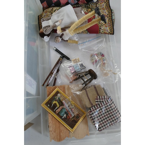 72 - Two boxes of dolls house furniture and accessories, including wood, metal and textile items