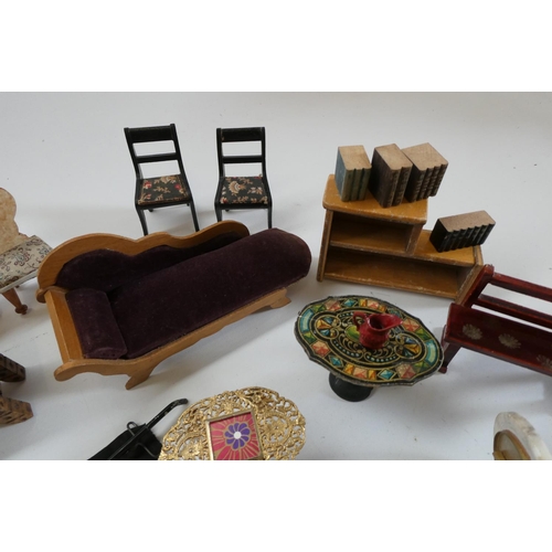 73 - Box of antique dolls house furniture and accessories, including wood and metal examples