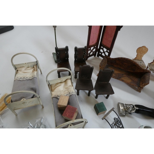 73 - Box of antique dolls house furniture and accessories, including wood and metal examples