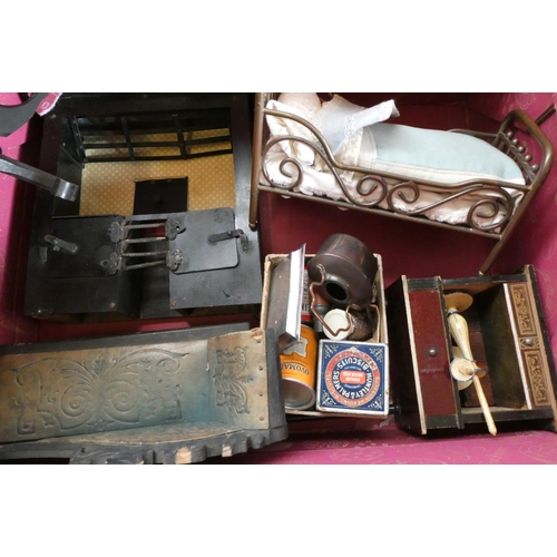 76 - Box of good quality antique & vintage dolls house furniture and accessories, both wood and metal ite... 