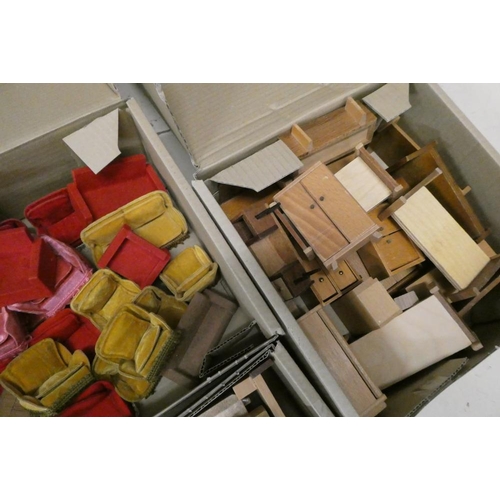 84 - Five boxes of dolls house furniture, comprising one box of upholstered sit on suites and four boxes ... 